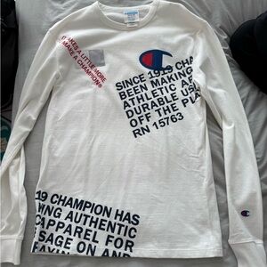 Champion White Long Sleeve Graphic Logo Tee with Navy & Red Accents